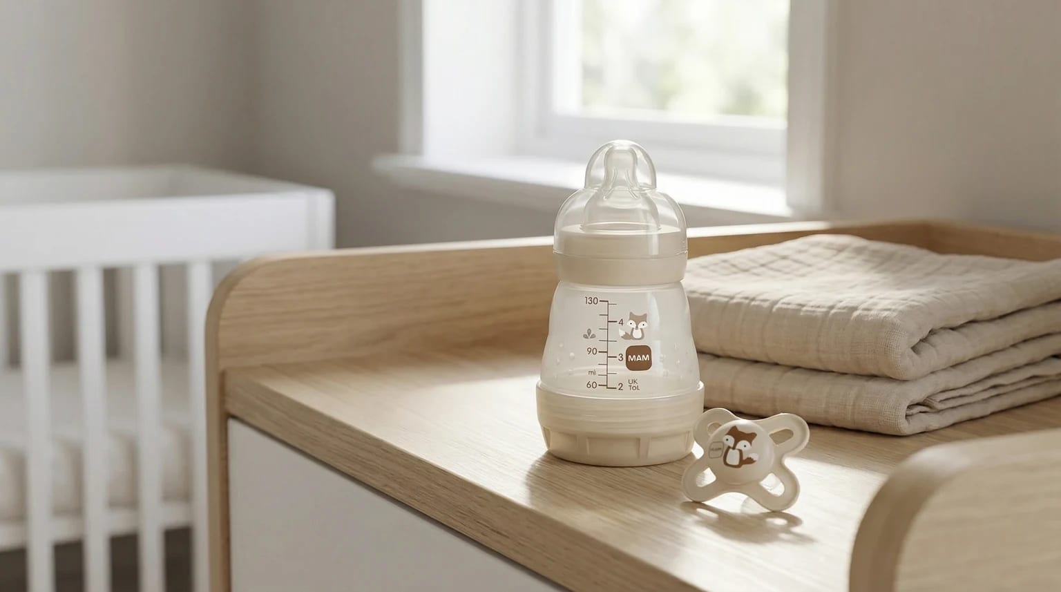 Biberão e chupeta MAM Easy Start Anti-Colic bege, com uma ilustração de raposa, pousados numa mesa de madeira clara num quarto de bebé calmo e luminoso.
