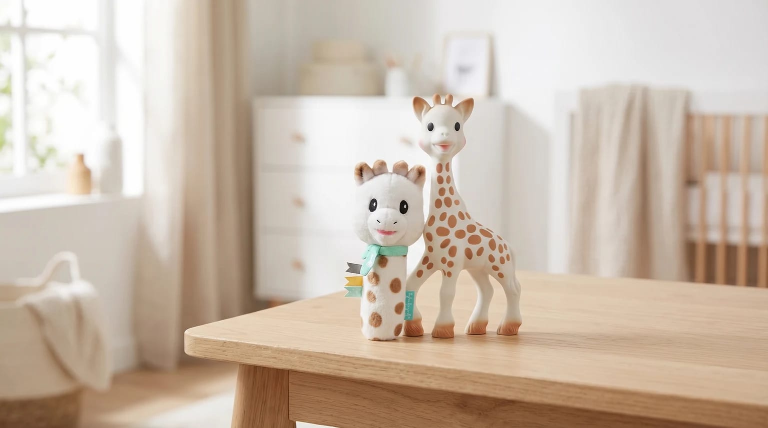 Mordedor e chocalho de peluche Sophie la Girafe pousados sobre uma mesa de madeira num quarto de bebé luminoso.