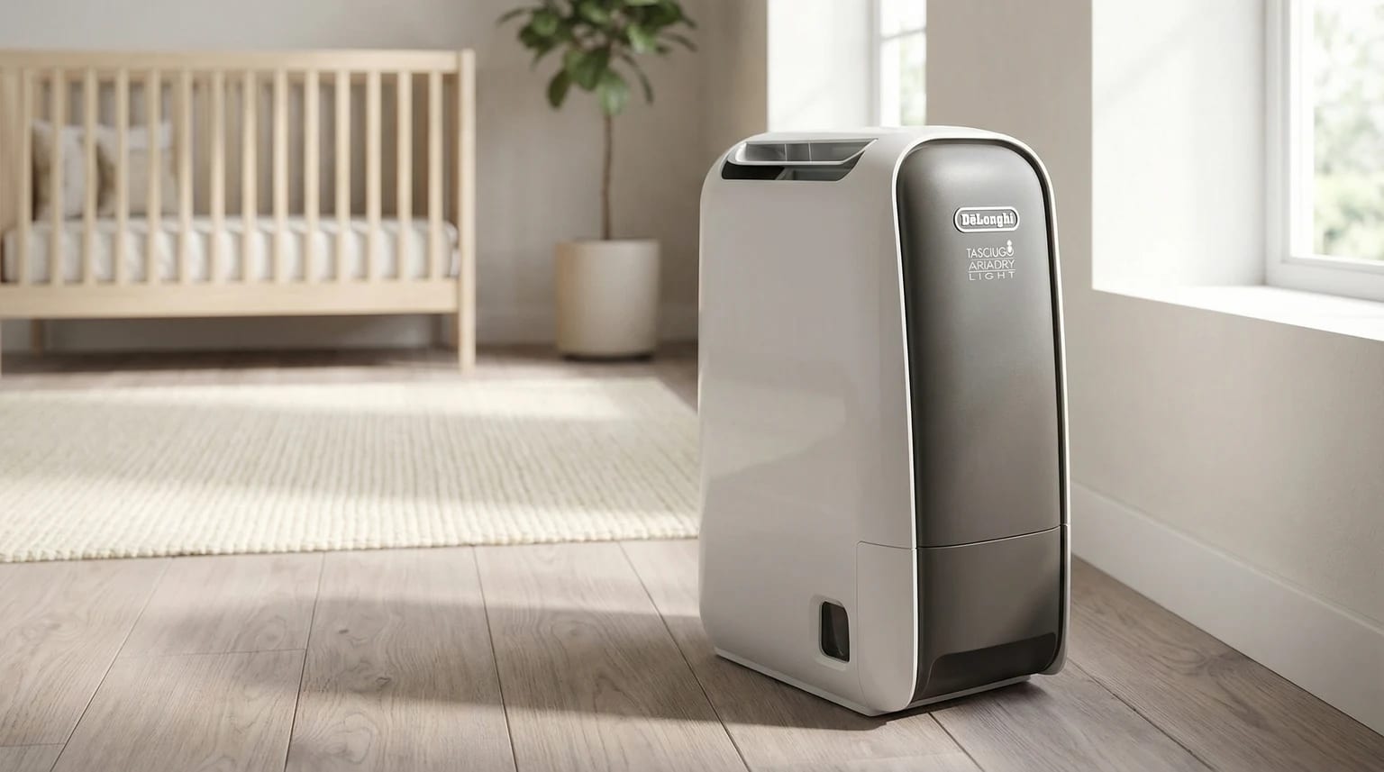 Desumidificador De'Longhi branco e cinzento sobre chão de madeira clara num quarto de bebé luminoso e minimalista.