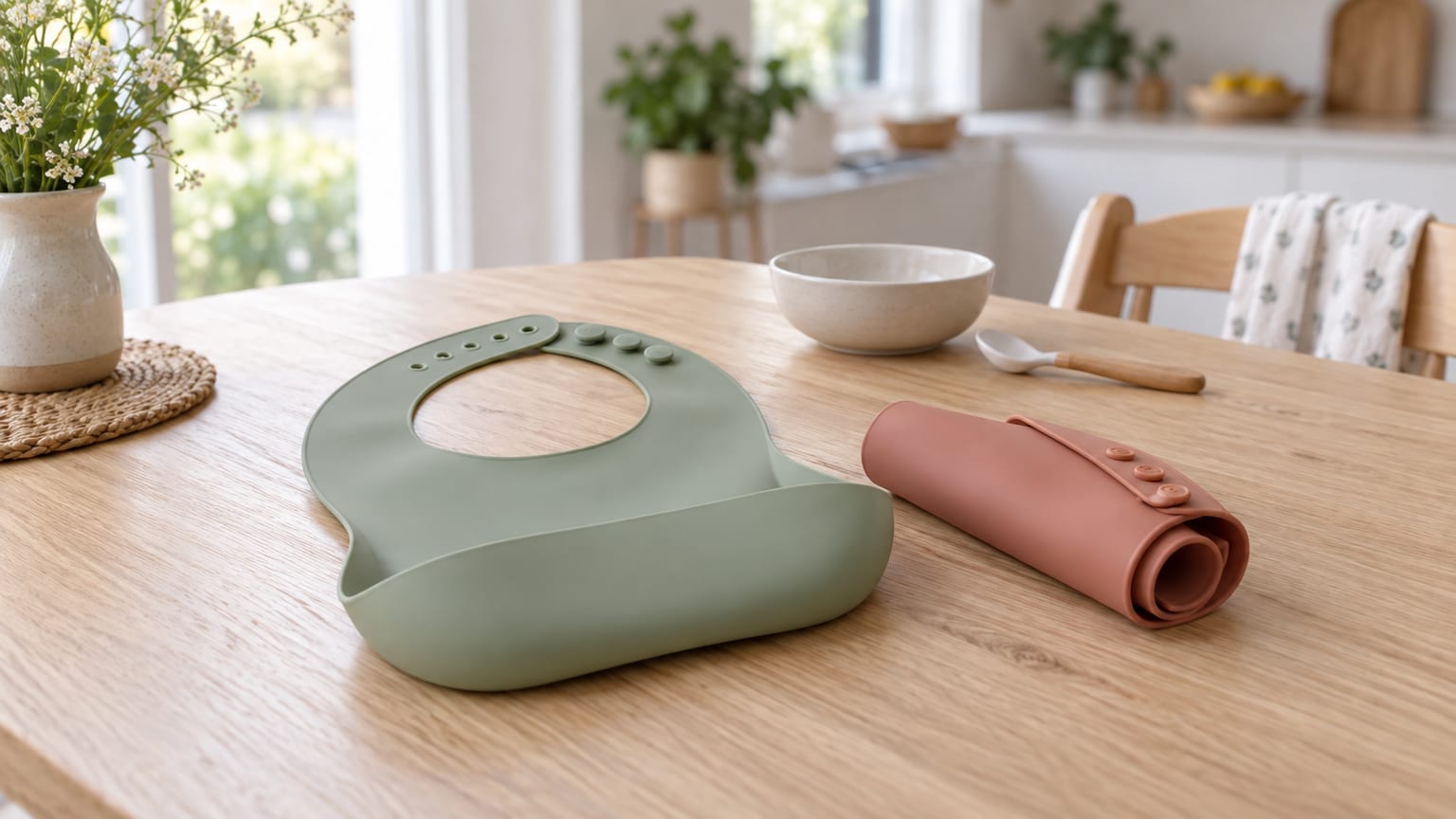 Babete de silicone verde com bolso e outro enrolado sobre uma mesa, junto a uma taça e uma colher.