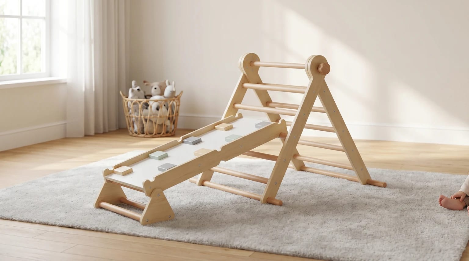 Triângulo de Pikler em madeira com rampa de escalada, montado numa sala de brincar luminosa e minimalista.