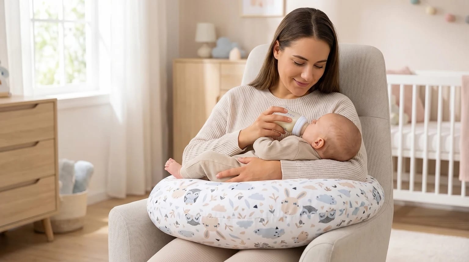 Uma mãe sentada confortavelmente numa poltrona de amamentação num quarto de bebé claro e moderno, a usar uma almofada com padrão de corujas para apoiar o seu bebé.