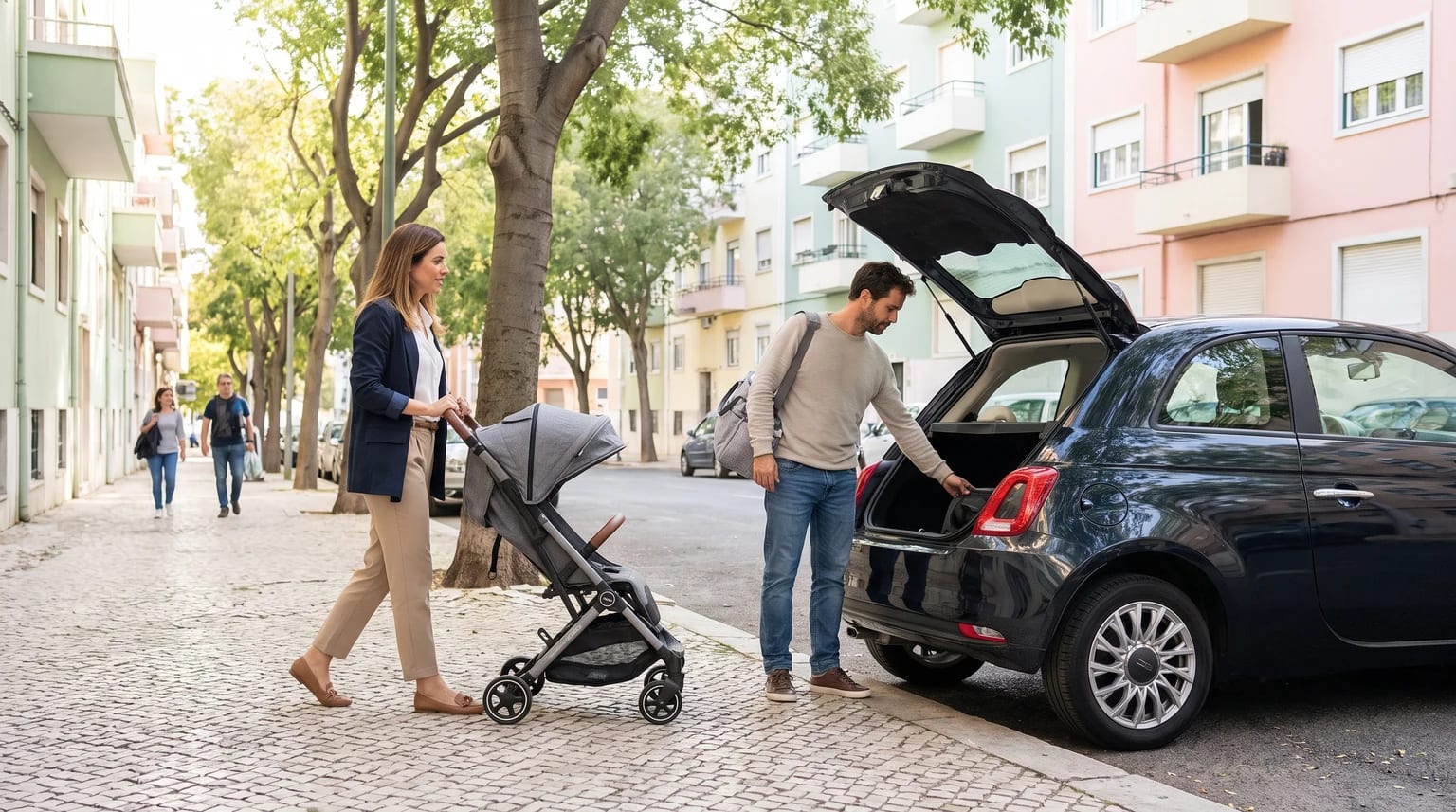 Uma mulher empurra um carrinho de bebé num passeio de calçada, enquanto um homem coloca algo na bagageira aberta de um carro.