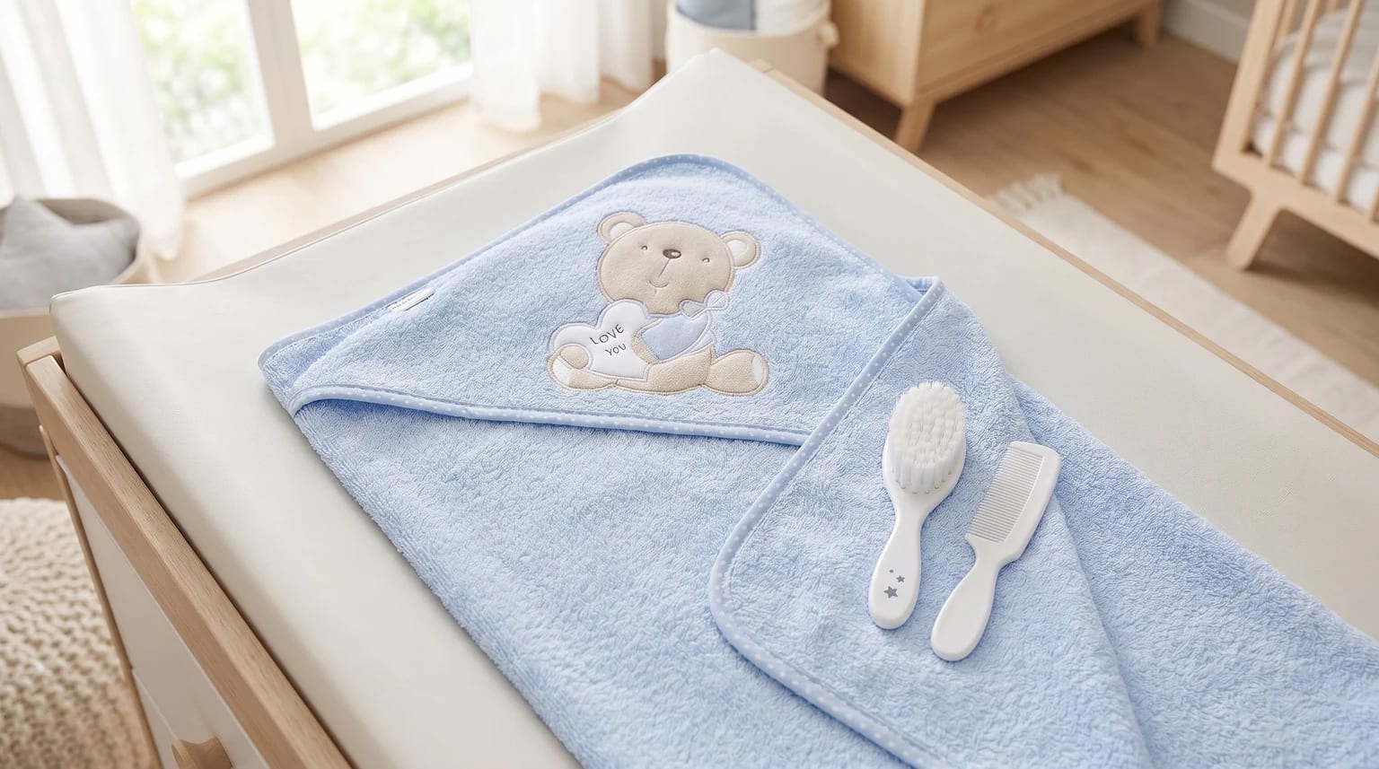 Conjunto de banho para bebé com uma toalha azul com capuz e estampado de urso, ao lado de uma escova e pente brancos, dispostos sobre um trocador claro e limpo.