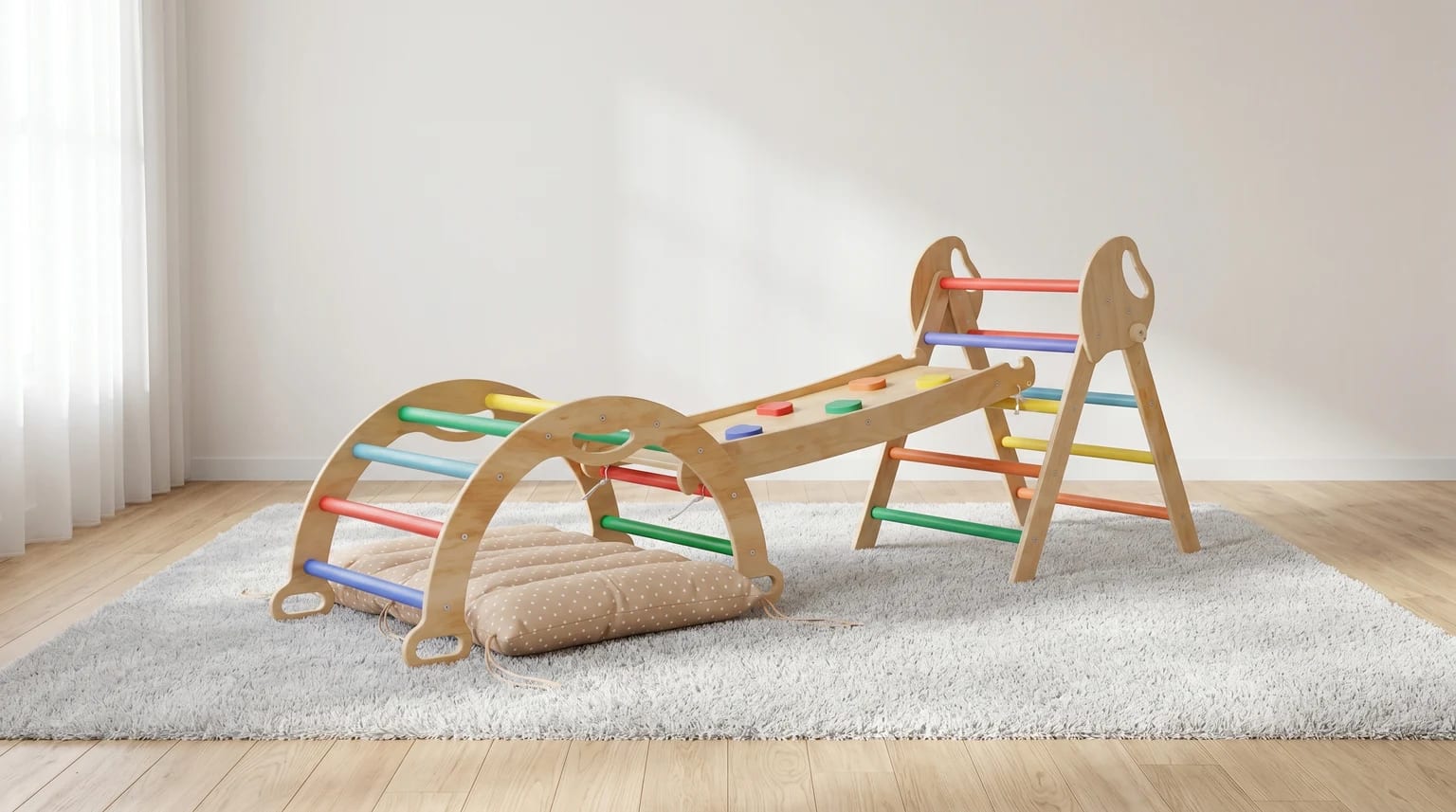 Conjunto de escalada Pikler de madeira, montado num quarto de brincar moderno e luminoso, com arco, rampa e almofada visíveis.
