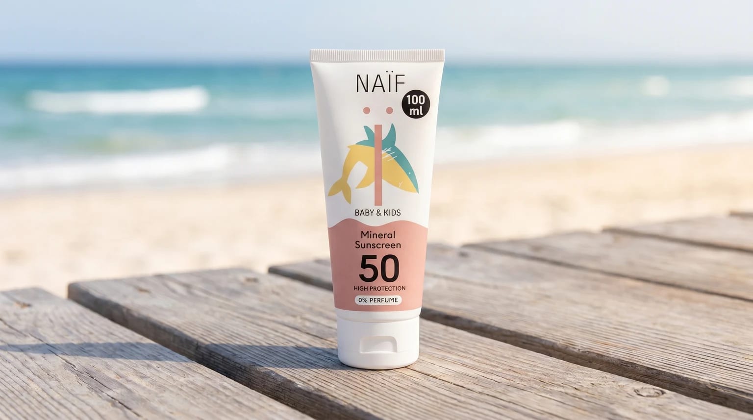Tubo de protetor solar mineral Naif para bebé e criança, pousado sobre uma superfície de madeira clara com uma praia soalheira e o mar calmo em fundo desfocado.