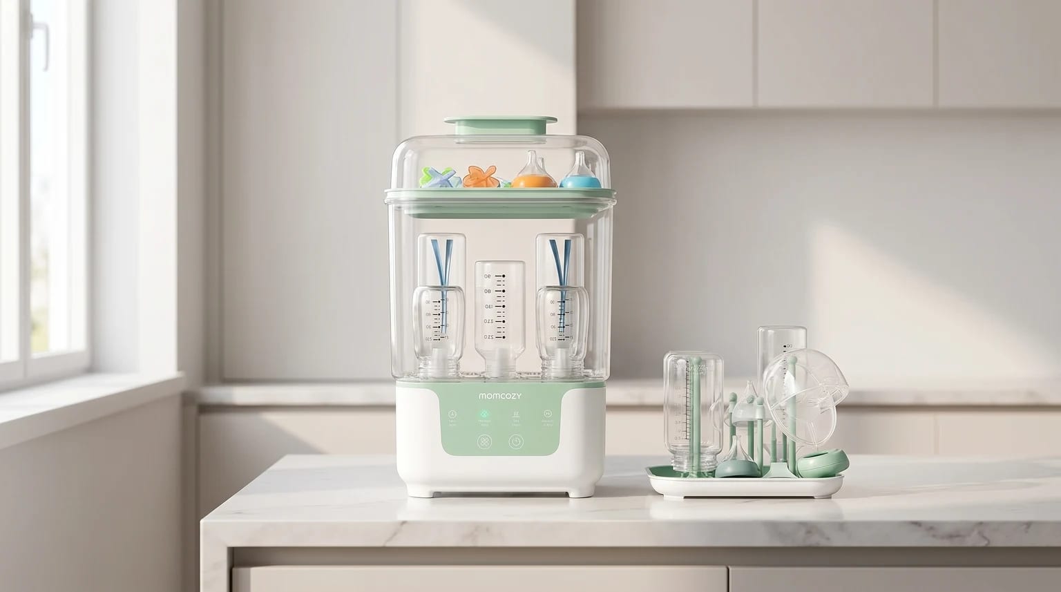 O esterilizador e secador de biberões Momcozy, em branco e verde menta, numa bancada de cozinha clara e moderna.