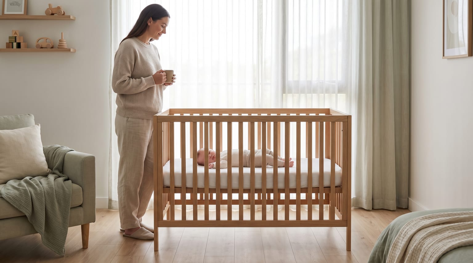 Uma mulher observa um bebé a dormir de costas numa cama de grades com os quatro lados fechados, num quarto luminoso.