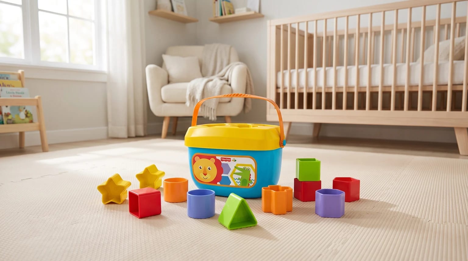 Um balde de encaixar formas azul e amarelo com vários blocos coloridos espalhados no chão de um quarto de bebé.
