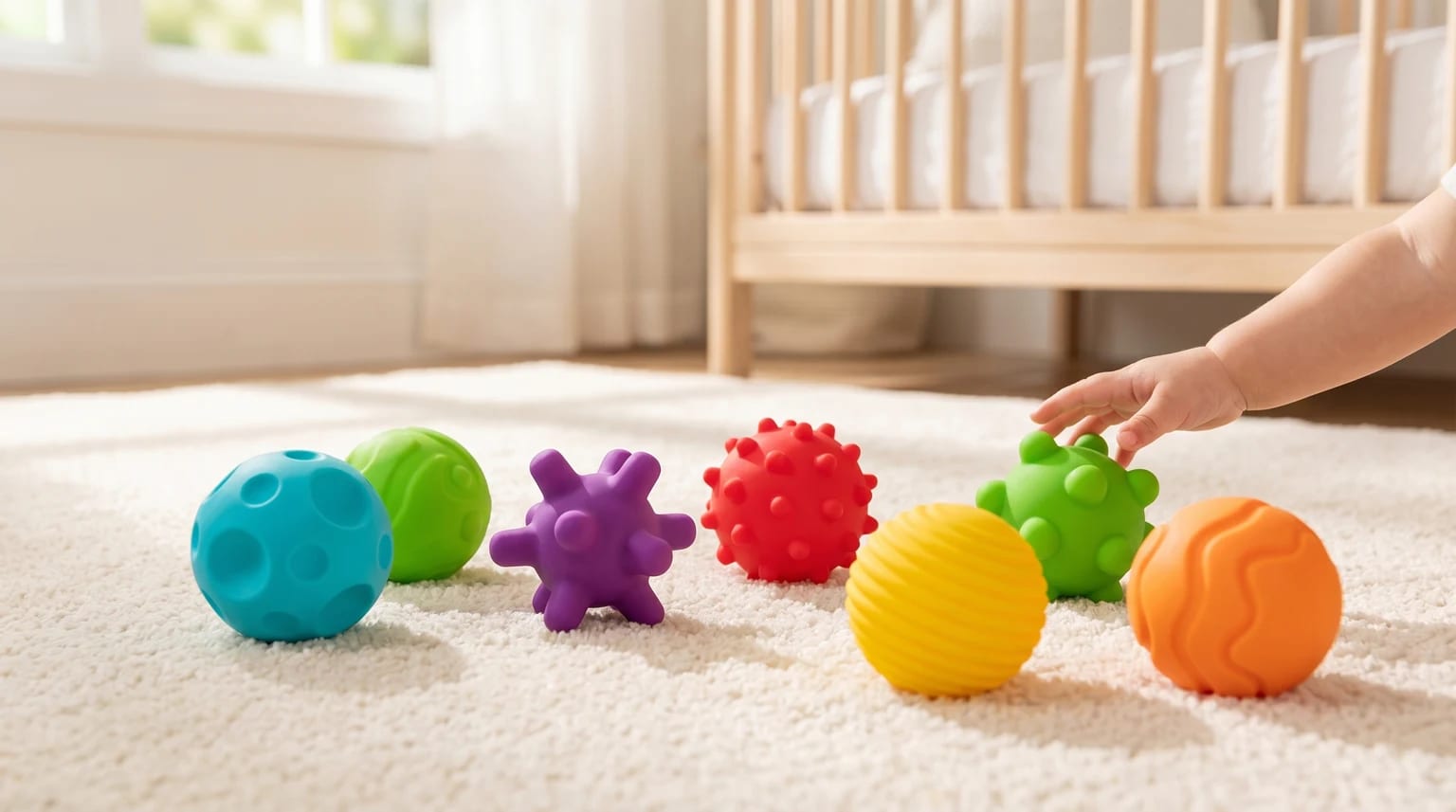 Seis bolas sensoriais coloridas e texturadas para bebé sobre um tapete macio num quarto de bebé luminoso, com a mão de uma criança a tocar numa delas.