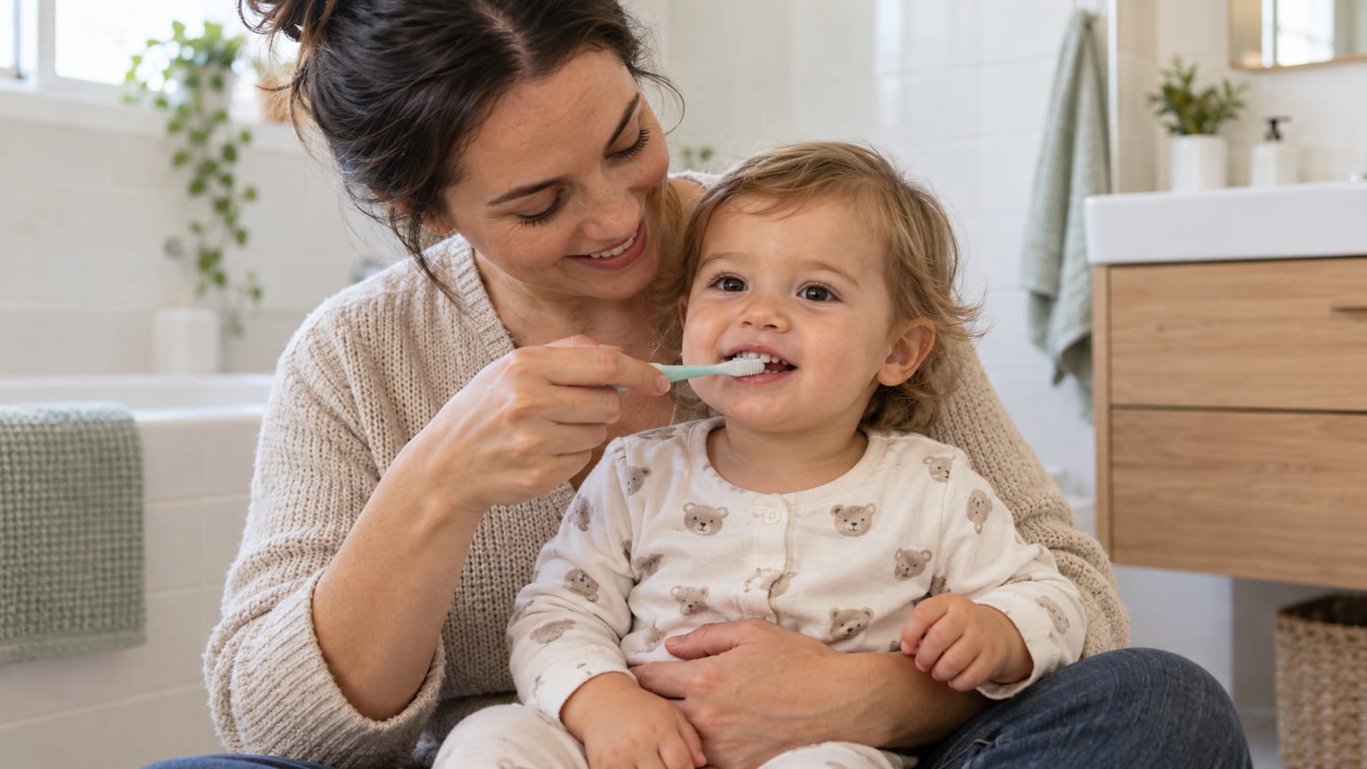 Adulto a ajudar uma criança sentada ao colo a escovar os dentes com uma escova pequena.