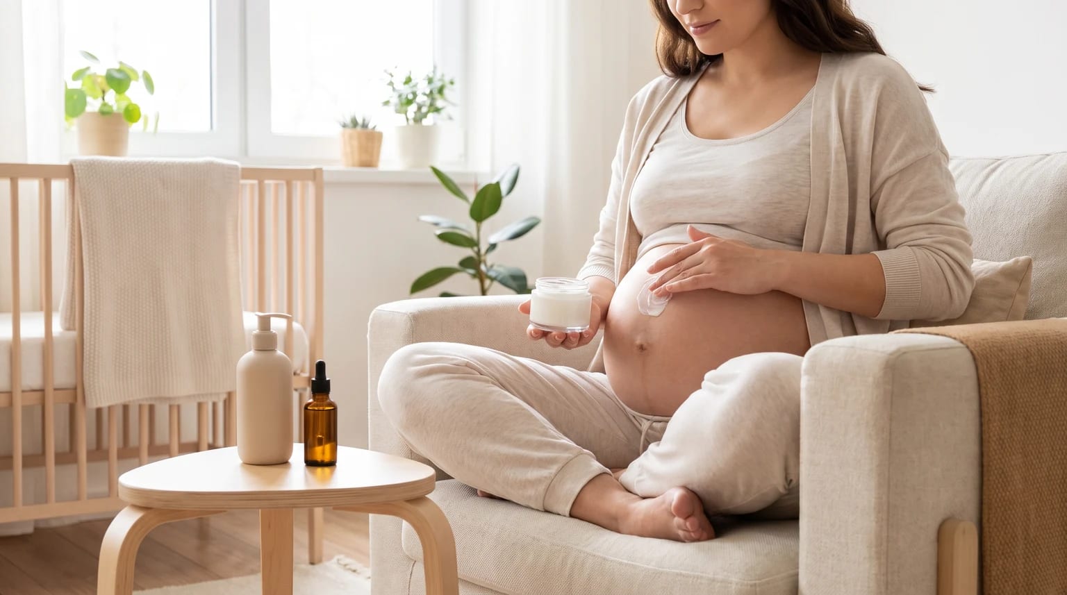 Uma mulher grávida sentada confortavelmente num cadeirão, a aplicar um creme branco na sua barriga, com um berço de bebé ao fundo.
