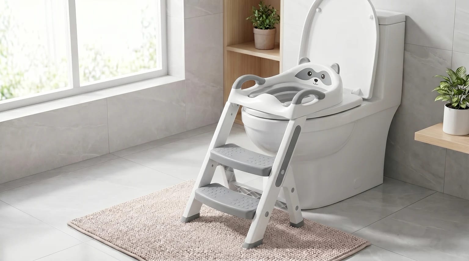 Redutor de sanita infantil com escada, em branco e cinzento, com encosto decorado com rosto de animal, instalado numa sanita numa casa de banho moderna, luminosa e minimalista.