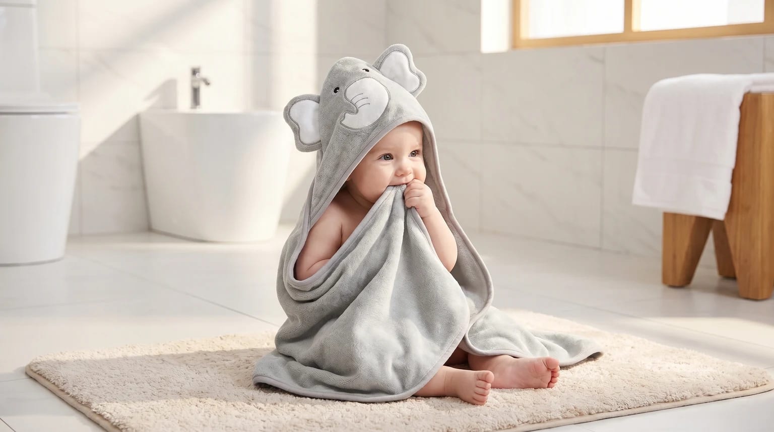 Um bebé adorável e feliz, enrolado numa toalha de banho cinzenta com um capuz de elefante, sentado numa casa de banho moderna e cheia de luz.