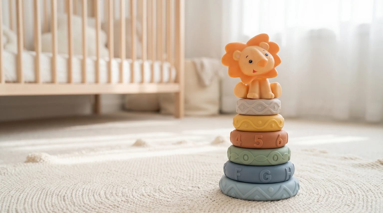 Brinquedo de empilhar em silicone com argolas em tons suaves e topo em forma de leão, sobre um tapete claro num quarto de bebé luminoso.