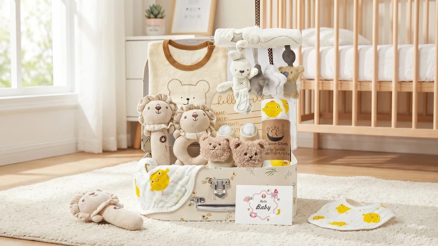 Conjunto de prendas para bebé recém-nascido colocado junto a um berço num quarto de bebé luminoso