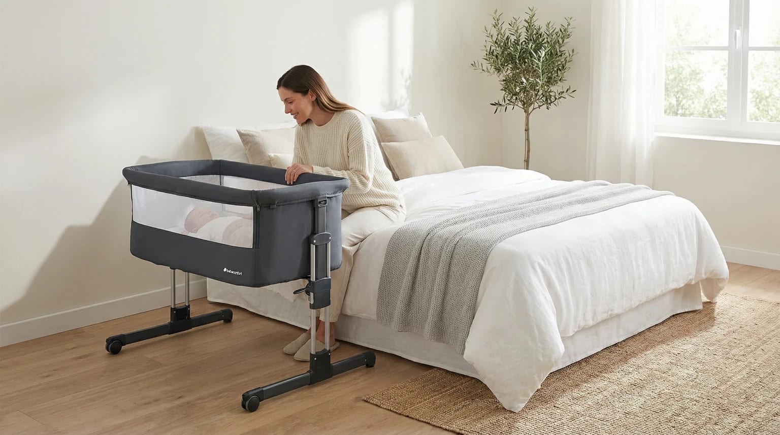 Mãe junto à cama observa o seu bebé a dormir num berço co-sleeper Bebeconfort Calidoo cinzento-escuro, num quarto luminoso e sereno.