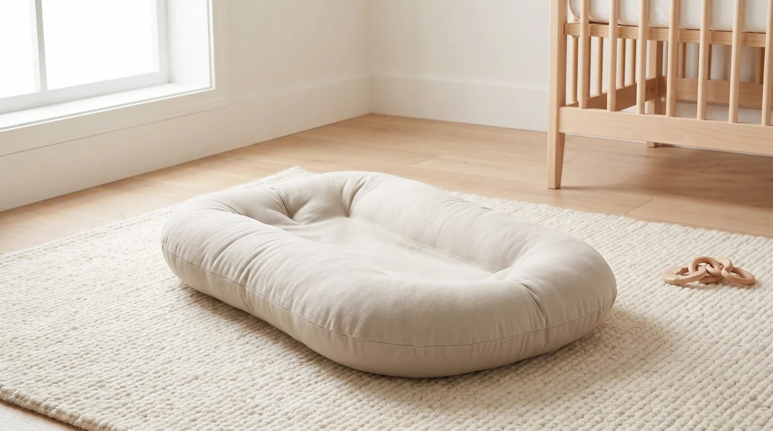 Ninho de bebé Snuggle Me em algodão orgânico bege, colocado sobre um tapete claro num quarto de bebé soalheiro e minimalista.