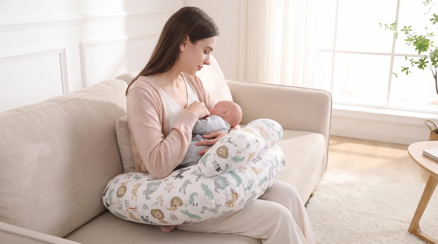 Mãe sentada confortavelmente num cadeirão, a usar uma almofada de amamentação com padrão de animais para segurar o seu bebé.