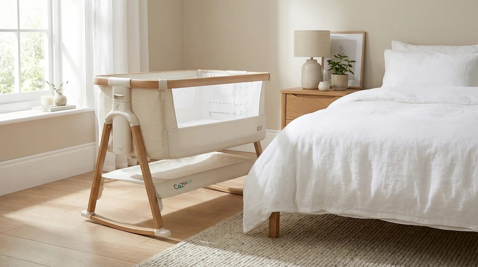 Berço co-sleeper Tutti Bambini CoZee Air, de cor creme e com estrutura de efeito madeira, posicionado ao lado de uma cama de adulto num quarto luminoso e sereno.