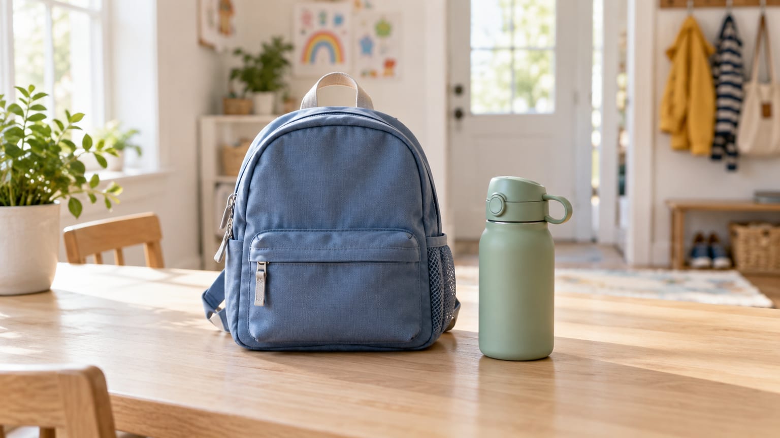 Mochila escolar azul e garrafa de água verde sobre uma mesa de madeira clara.