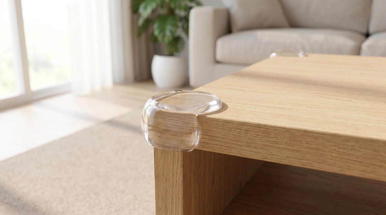 Protetor de canto transparente instalado no canto de uma mesa de madeira clara, numa sala de estar moderna e luminosa.