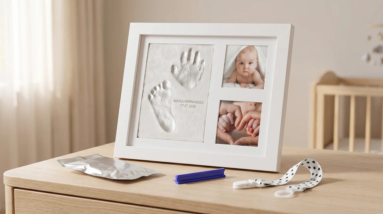 Moldura branca com impressões da mão e do pé de um bebé, apoiada numa cómoda com os acessórios do kit num quarto de bebé luminoso.