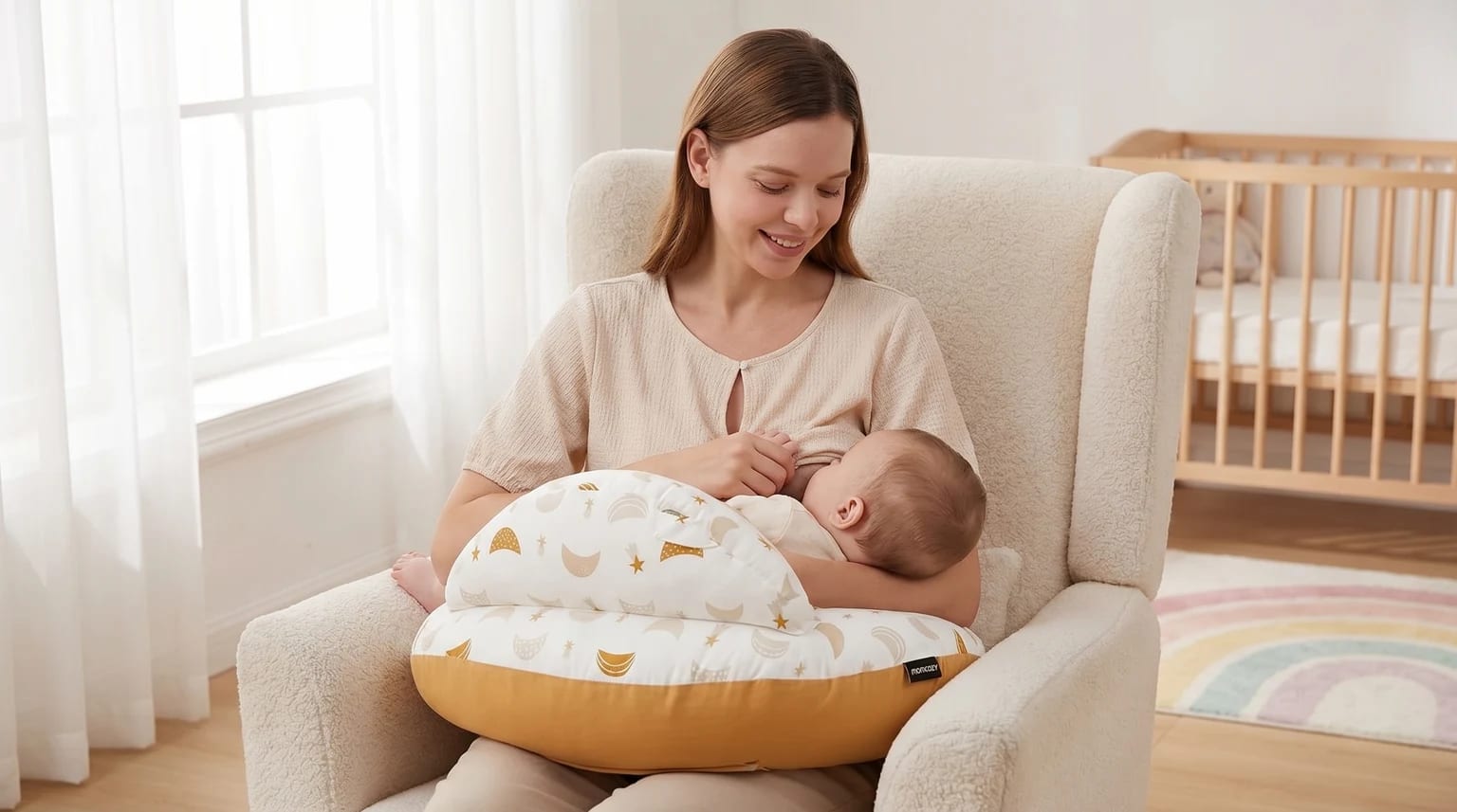Mãe sentada numa poltrona a amamentar o seu bebé, apoiado numa almofada de amamentação com padrão de luas e estrelas, num quarto de bebé luminoso e calmo.