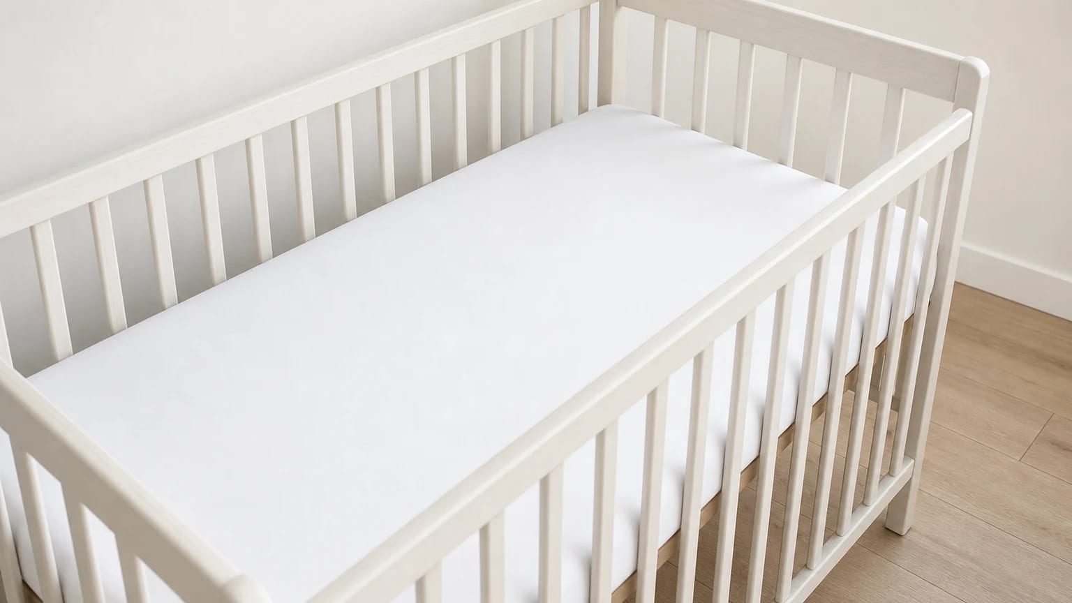 Cama de grades com colchão firme e bem ajustado, sem objetos soltos