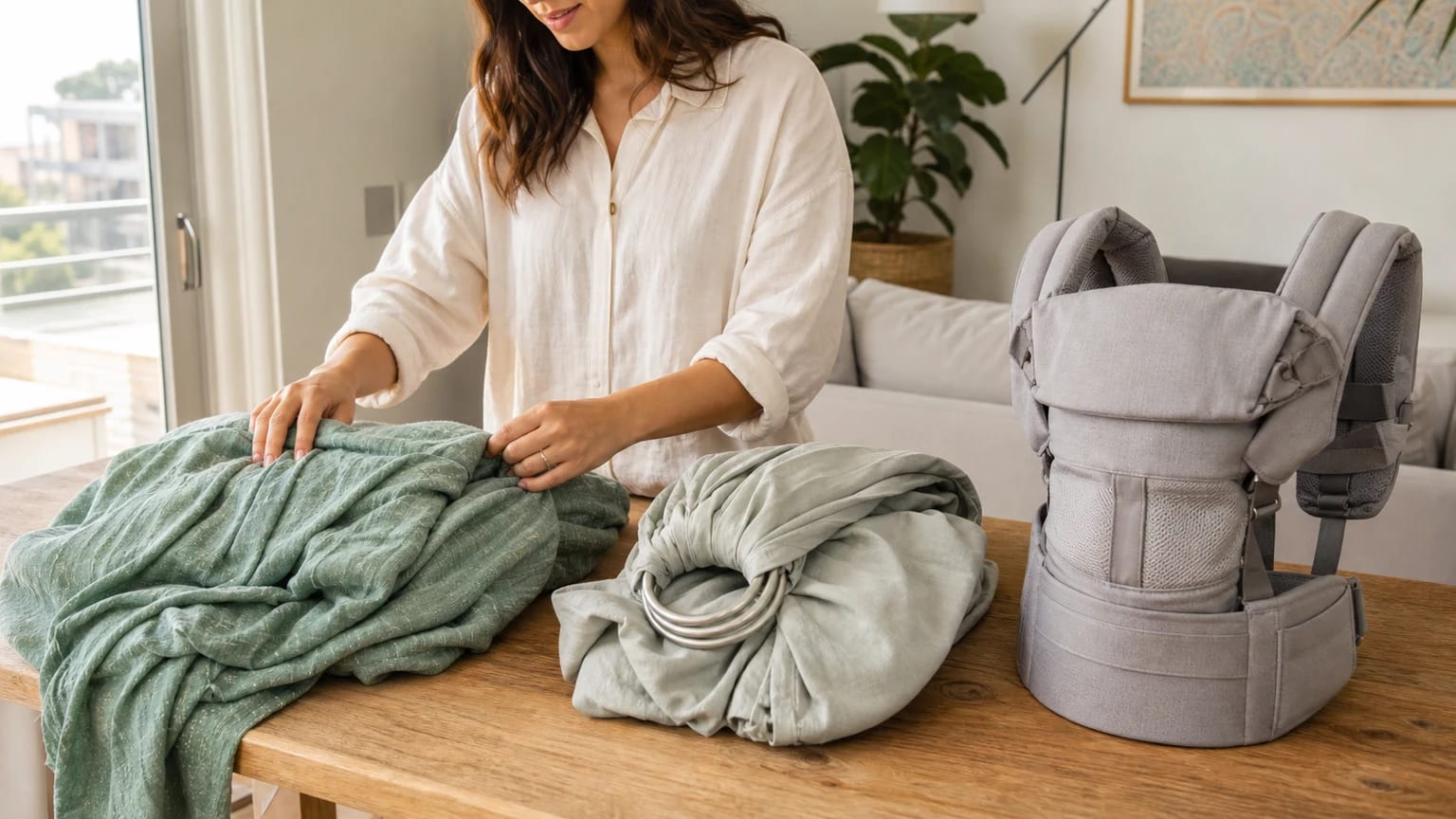 Pano sling e marsúpio preparados para comparar tipos de porta-bebés