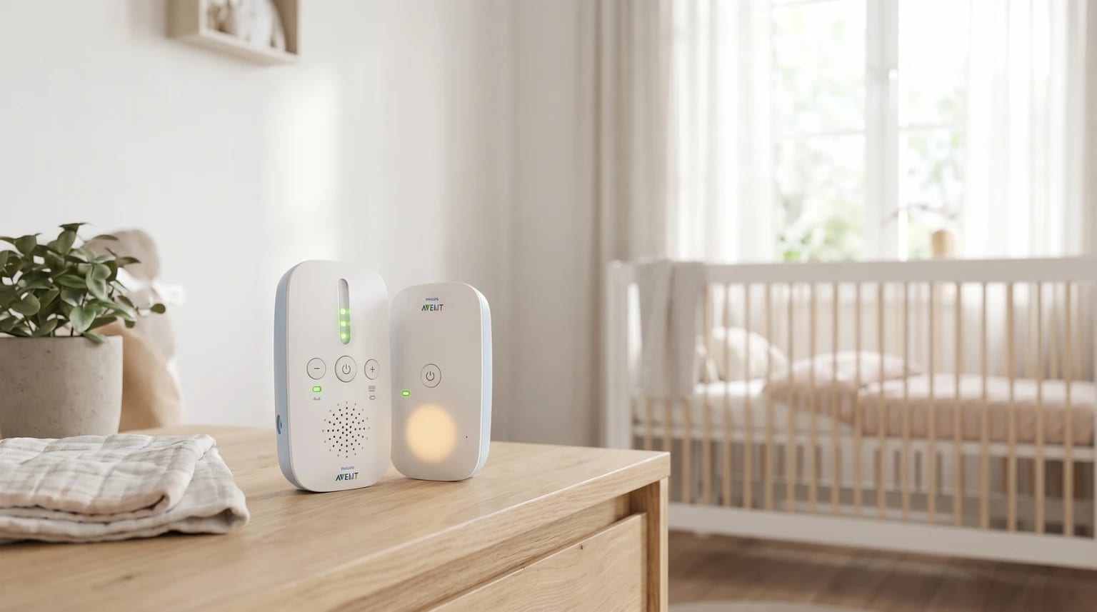 O intercomunicador de bebé Philips Avent, com as suas duas unidades, pousado numa mesa de cabeceira de madeira clara num quarto de bebé sereno e bem iluminado.