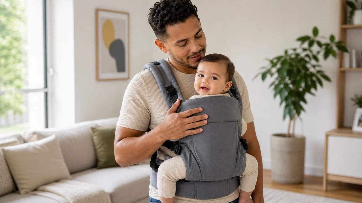 Cuidador com bebé num porta-bebés em posição segura, com o rosto visível e o corpo apoiado