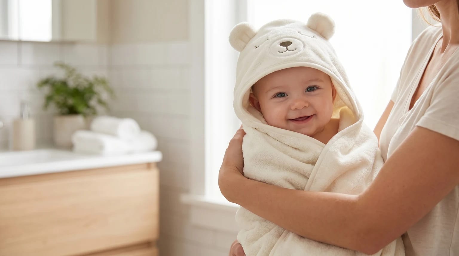 Um bebé sorridente e aconchegado na toalha de banho com capuz de urso, no colo de um dos pais, numa casa de banho clara e moderna.