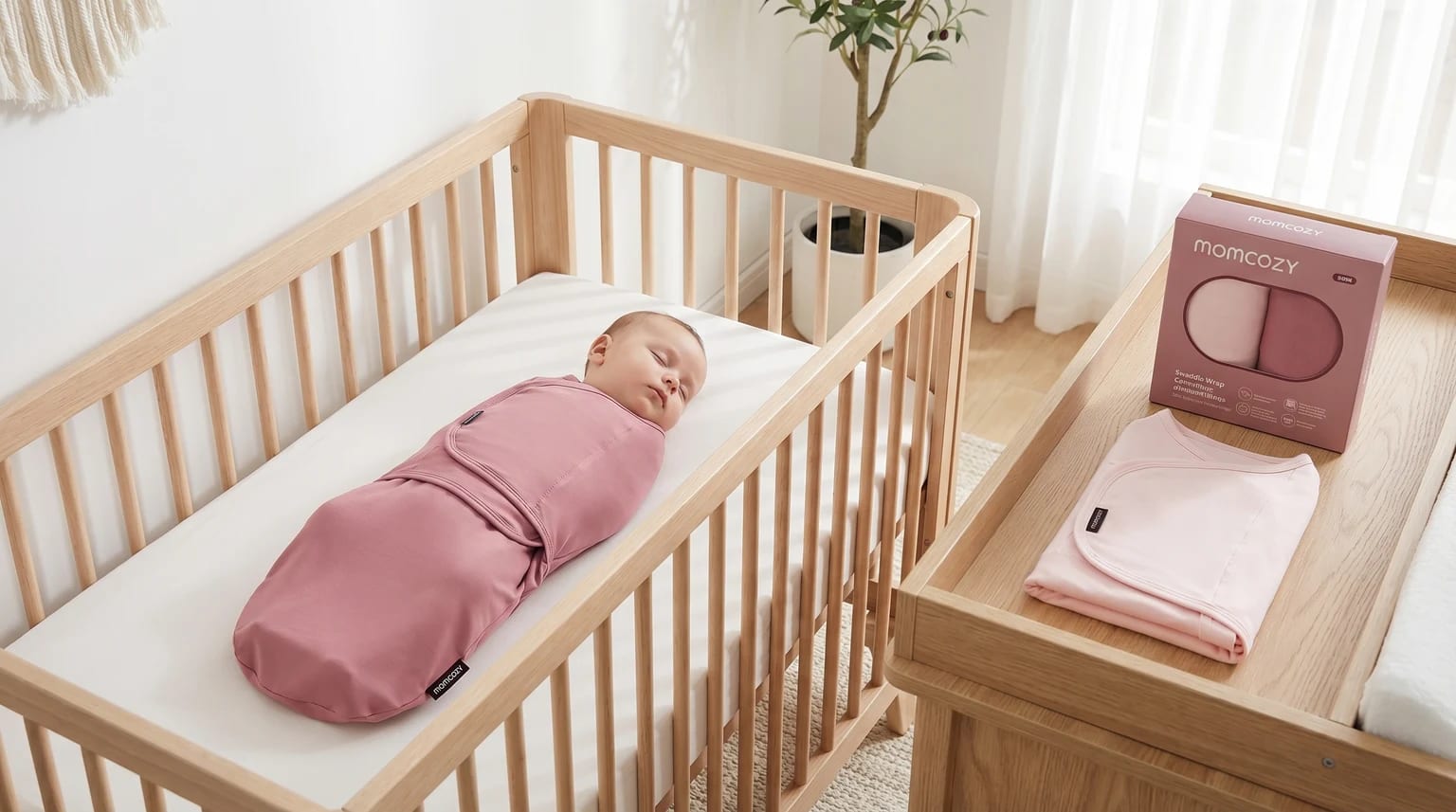 Um recém-nascido a dormir serenamente num berço, confortavelmente envolto num cueiro Momcozy cor-de-rosa. O quarto de bebé é luminoso e tem uma decoração minimalista.