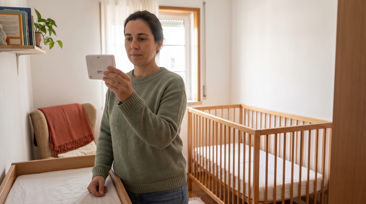 Uma mulher consulta um termómetro de quarto com o ecrã virado para si num quarto de bebé.