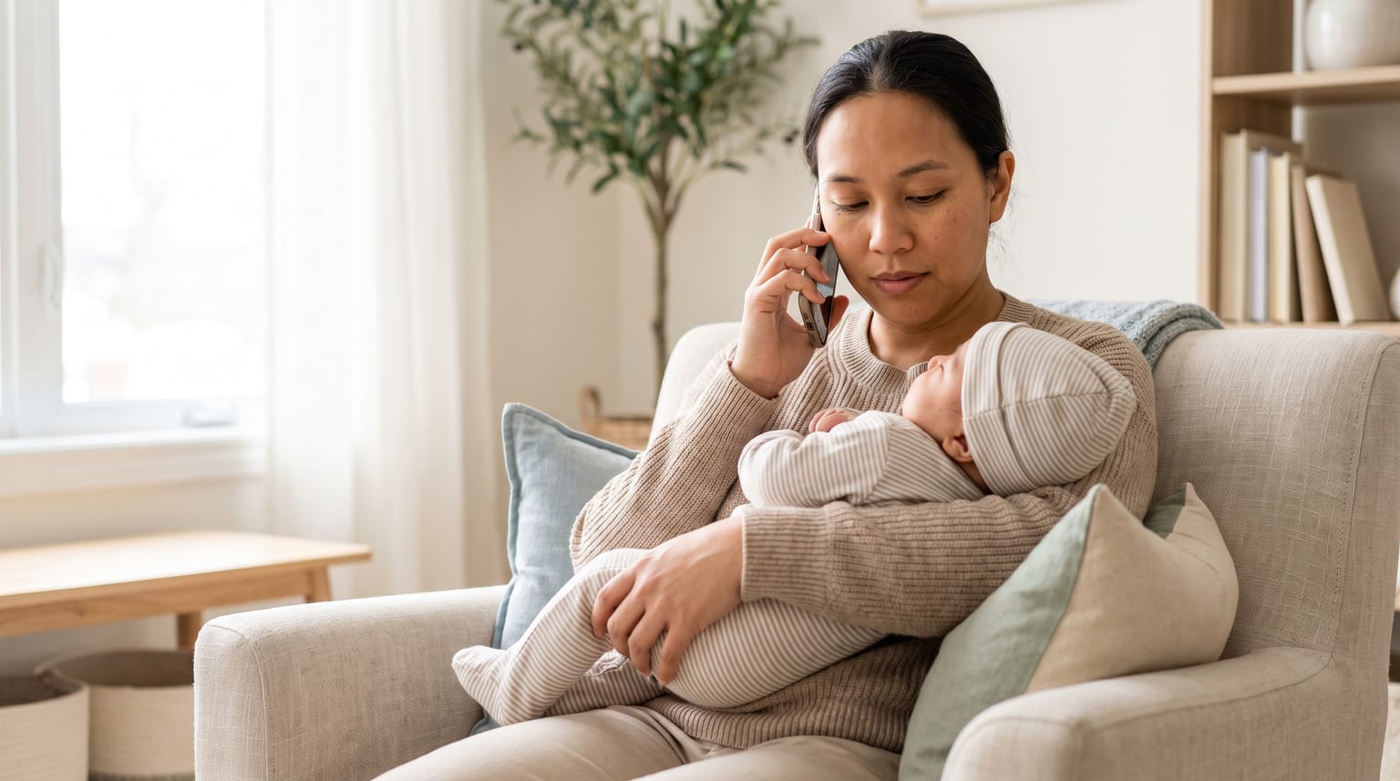 Uma mulher segura um bebé ao colo enquanto procura orientação de saúde por telefone em casa.