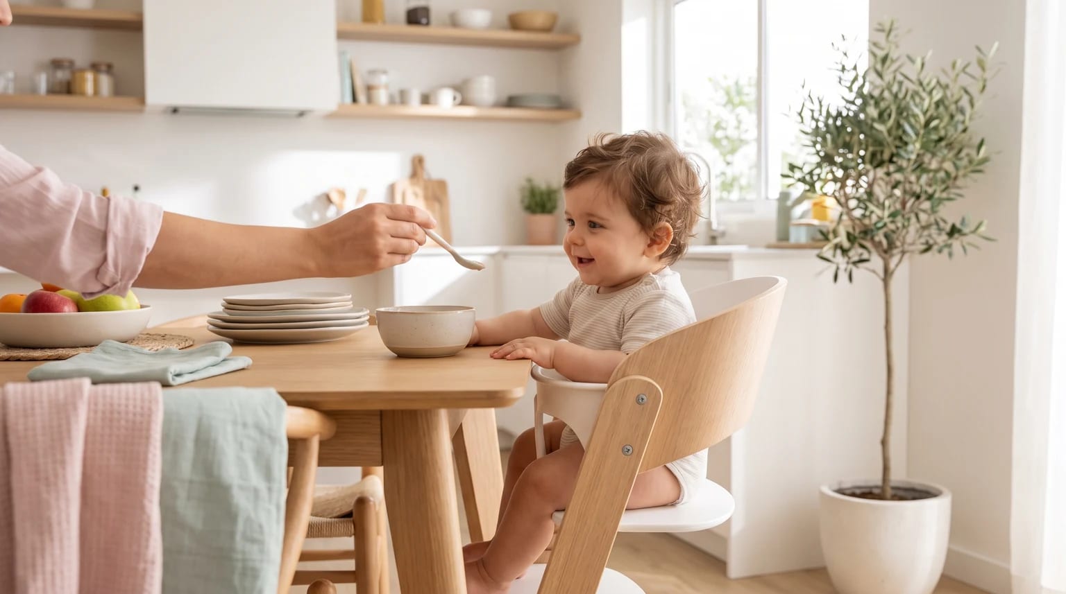 Um bebé sorridente sentado numa cadeira de alimentação de madeira, enquanto um adulto lhe dá uma colher de comida.