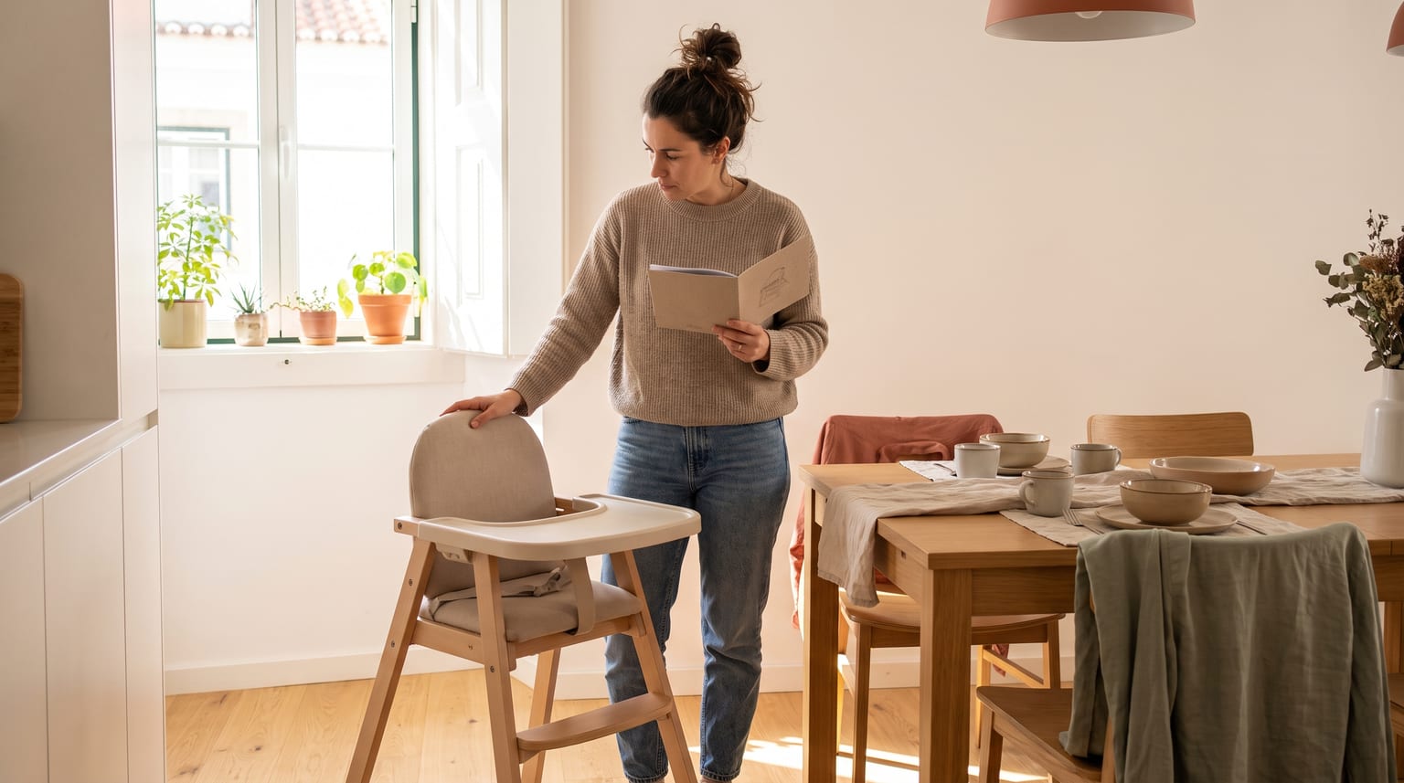 Uma pessoa consulta um manual ao lado de uma cadeira de alimentação vazia e da mesa de jantar.