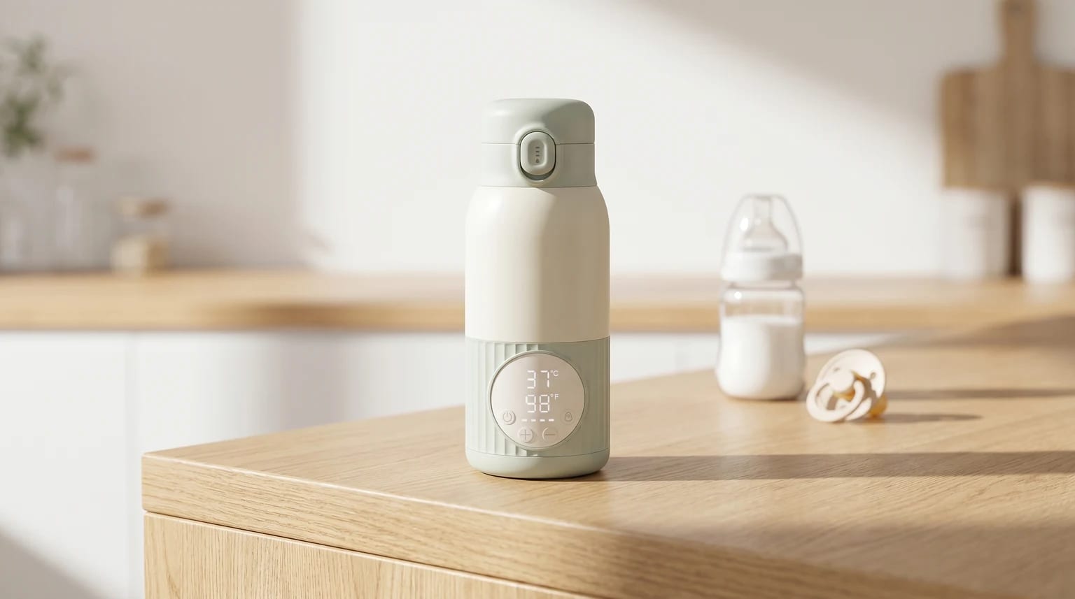 Aquecedor de biberões portátil em creme e verde menta, sobre uma bancada de cozinha clara e moderna, com luz natural suave a iluminar a cena.