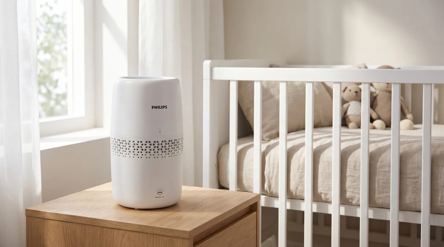 Humidificador Philips NanoCloud branco numa mesa de cabeceira de madeira clara, num quarto de bebé sereno e bem iluminado, com um berço ao fundo e roupa de cama neutra.