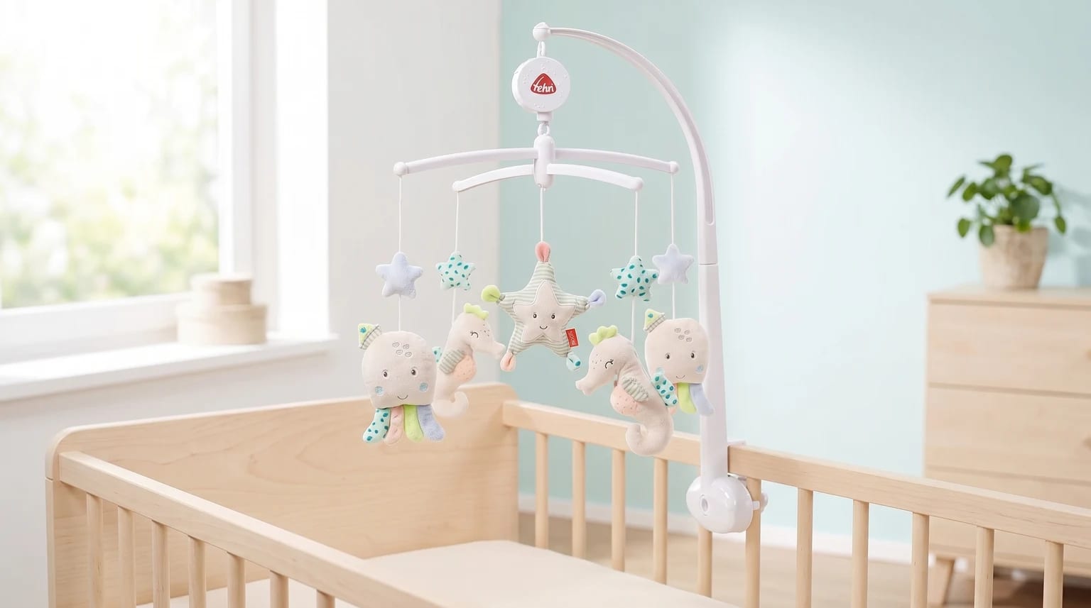 Móbile musical Fehn com animais marinhos de peluche suspenso sobre um berço branco com colchão vazio.