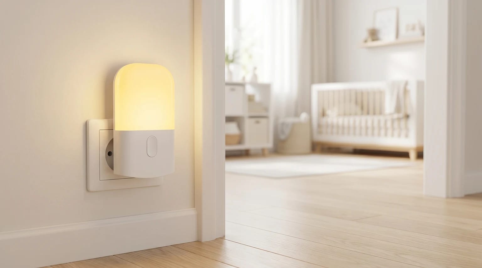 Luz de presença branca ligada a uma tomada numa zona de passagem do quarto do bebé, a emitir uma luz quente e suave fora do alcance do berço.