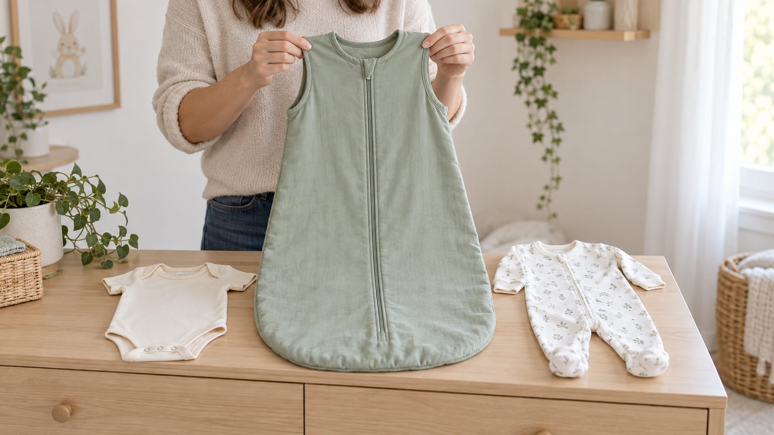 Uma pessoa segura um saco de dormir verde, com um body e um pijama separados sobre a cómoda.