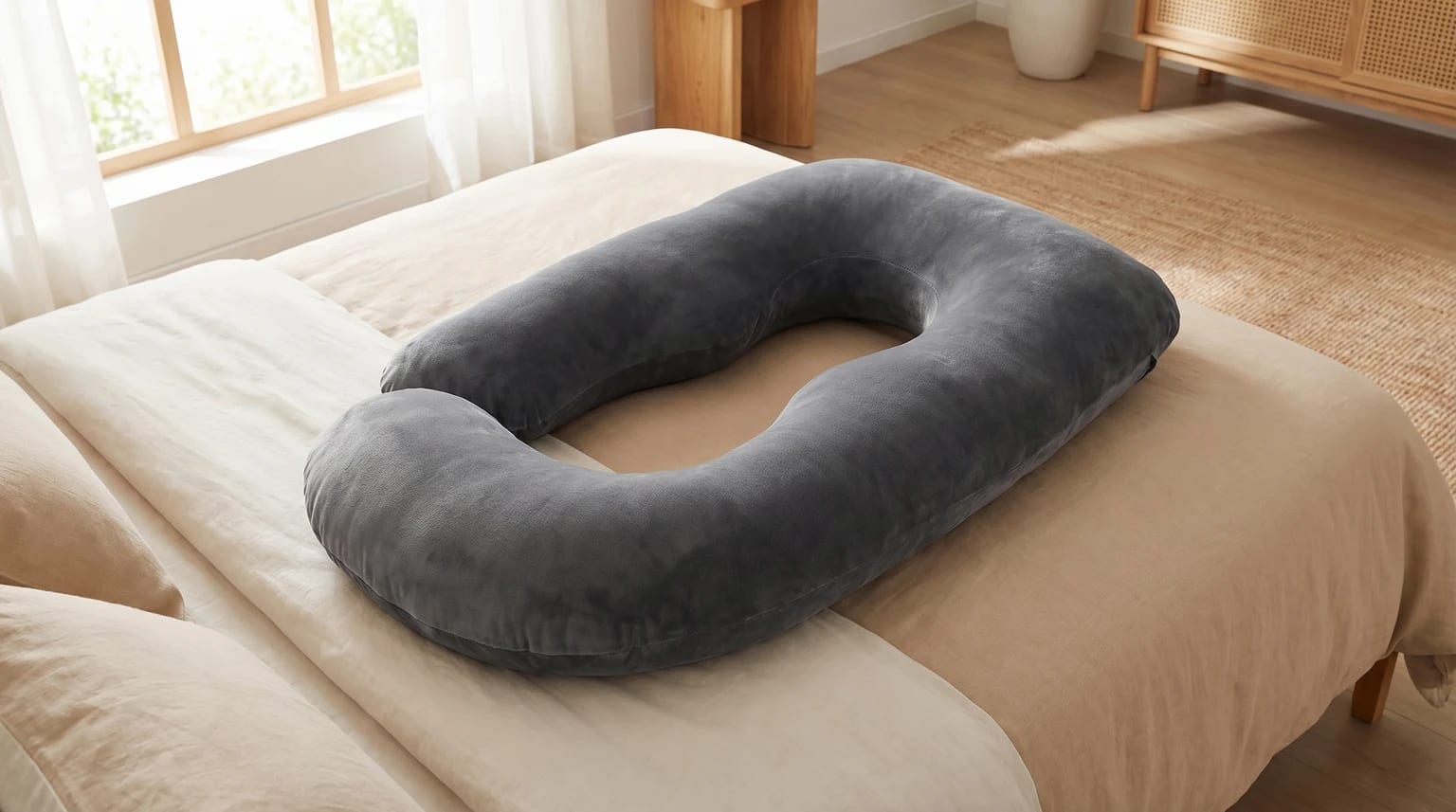 Almofada de gravidez cinzenta escura em forma de J pousada numa cama num quarto luminoso e tranquilo.