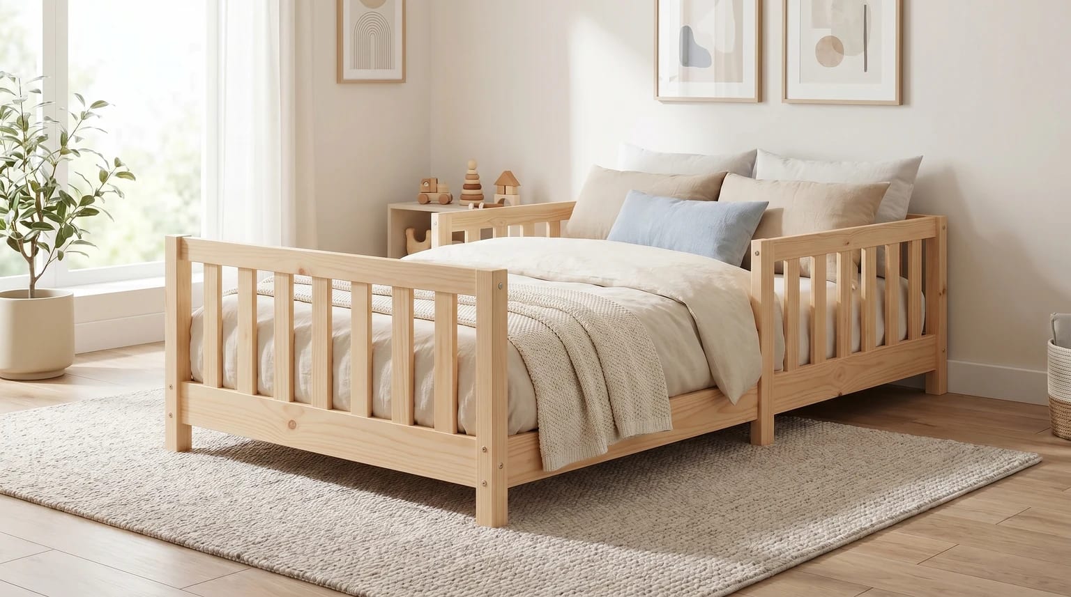 Cama de chão Montessori em madeira natural, num quarto de criança luminoso e sereno, com roupa de cama clara e decoração suave.