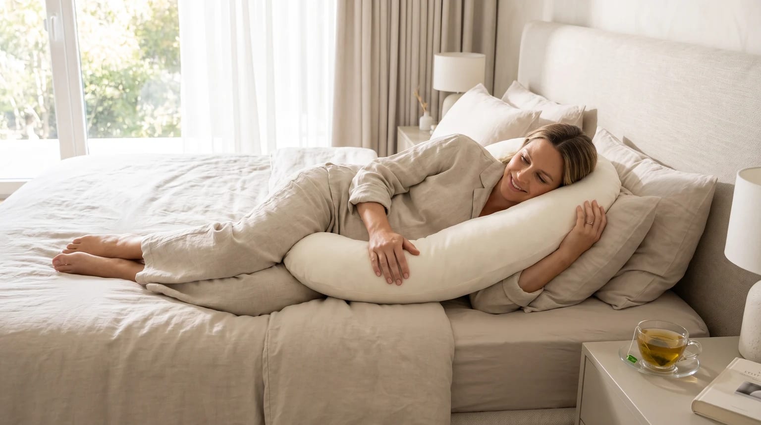 Uma grávida sorri enquanto descansa de lado na cama, abraçada a uma almofada de apoio para o corpo.