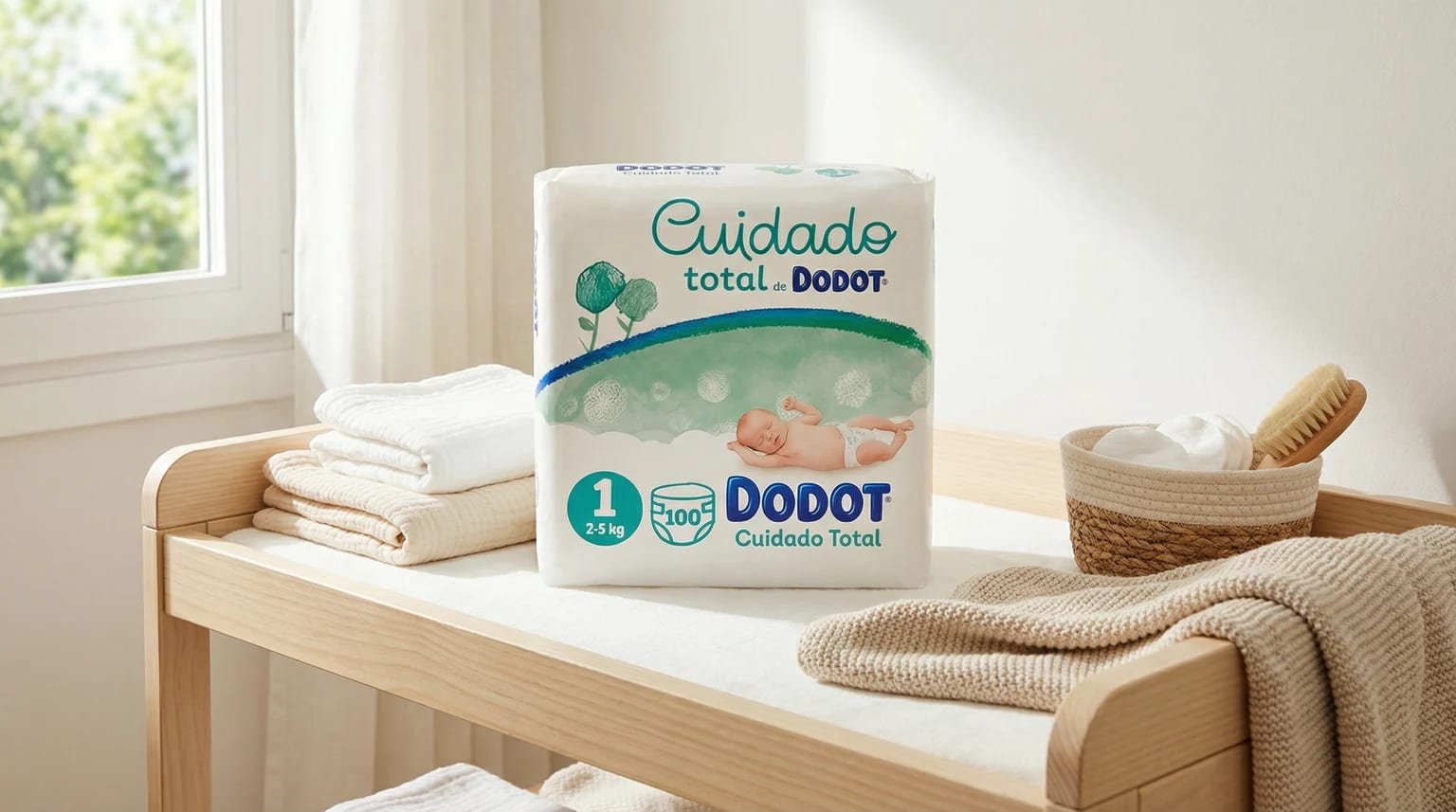 Embalagem de fraldas Dodot Cuidado Total sobre um muda-fraldas de recém-nascido com luz suave