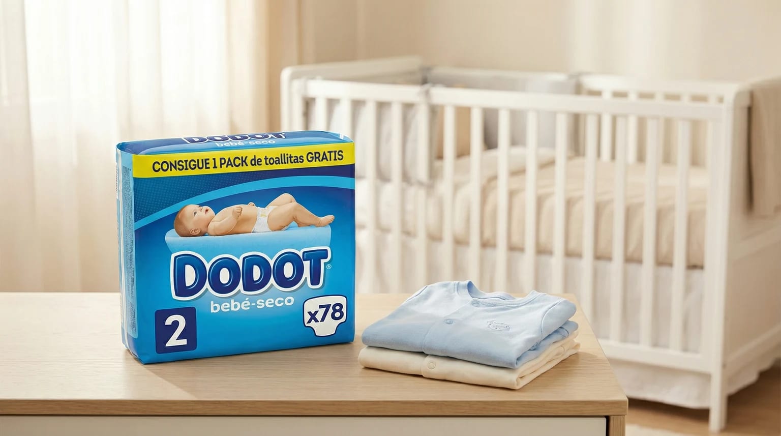 Embalagem de fraldas Dodot Bebé-Seco num quarto de bebé claro com ambiente pensado para a rotina da noite