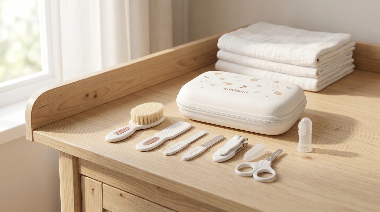 Kit corta-unhas para bebé da Miniland, com estojo e acessórios, pousado sobre uma mesa de muda em madeira clara, num ambiente de quarto de bebé luminoso e sereno.