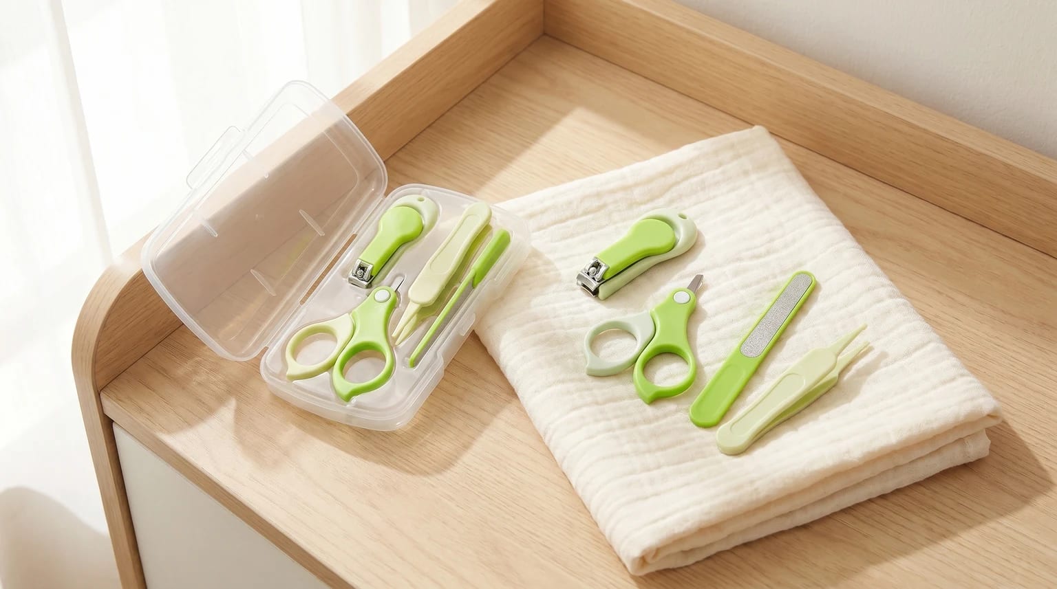 Kit corta-unhas e lima para bebé, em tons de verde, cuidadosamente disposto sobre um pano de musselina de cor creme, numa superfície de madeira clara e bem iluminada.
